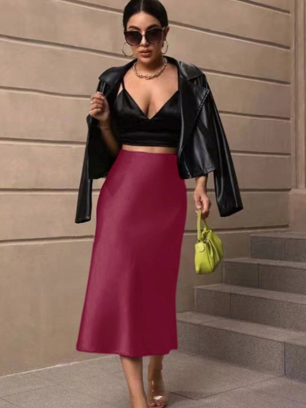 Wine Red Satin Midi Skirt – High-Waist A-Line Elegant Skirt | Size XL